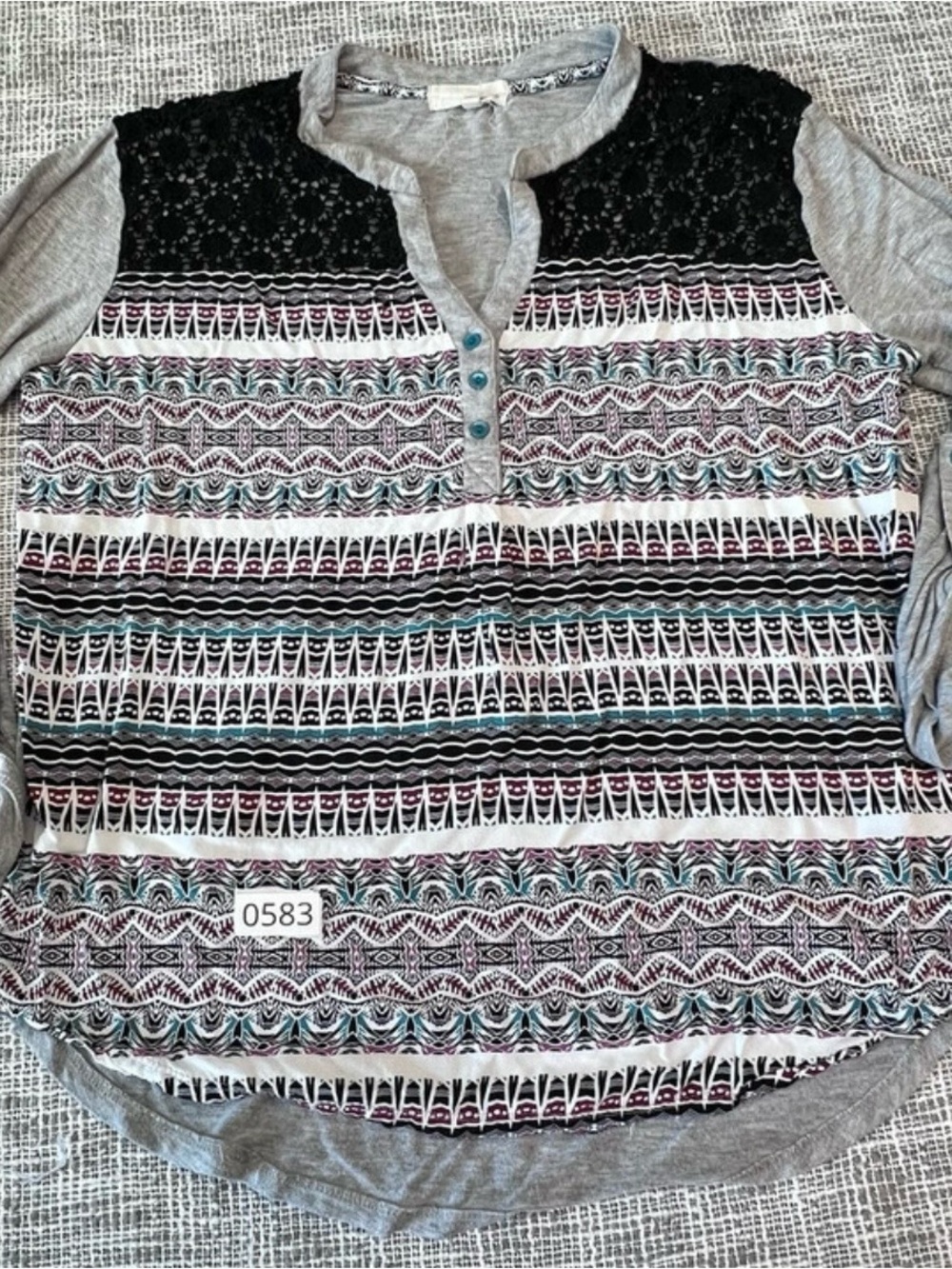 Grey Long-Sleeve Henley with Black Lace and Multicolor Geo Print